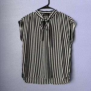 Women's Nine West Blouse Striped Tie-Neck Top Sleeveless Loose Fit V Neck XS